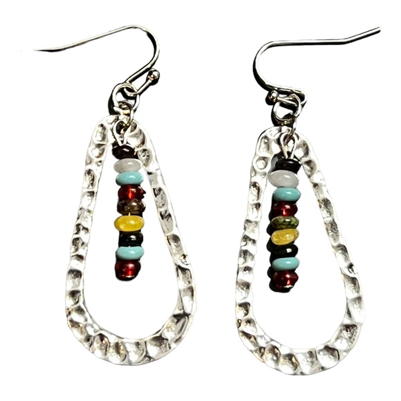 Jewelry - NEW Boho Silvertone Hammered Earrings Small Colorful Beads Teardrop Earrings NEW